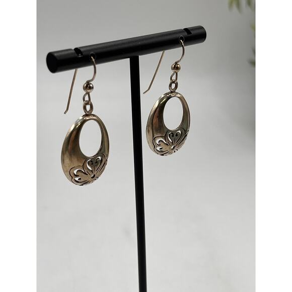 STERLING Vintage Sterling Oval Shape Cut Out Floral Work Dangle Earrings - Picture 3 of 8